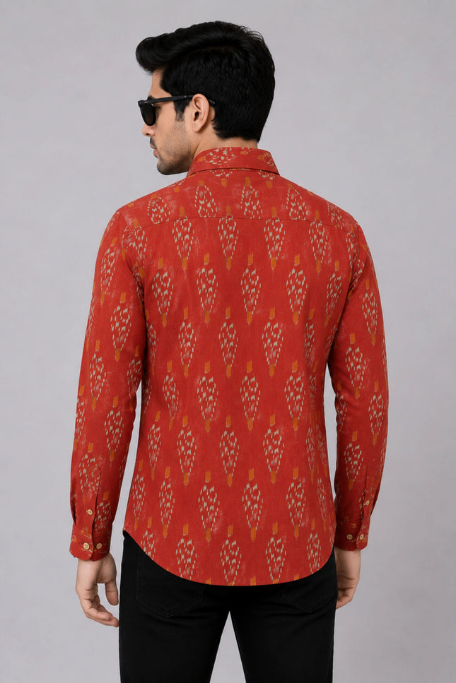 Men Rust Orange Printed Full Sleeve Casual Shirt