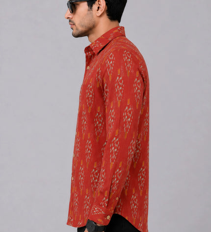 Men Rust Orange Printed Full Sleeve Casual Shirt