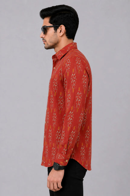 Men Rust Orange Printed Full Sleeve Casual Shirt
