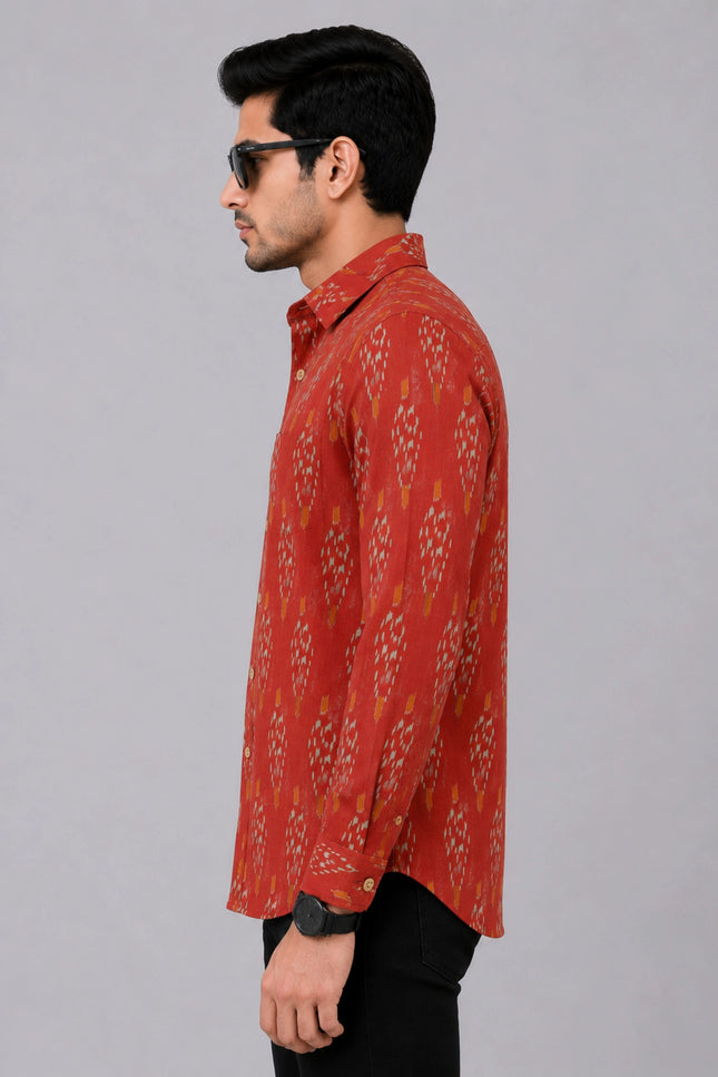Men Rust Orange Printed Full Sleeve Casual Shirt