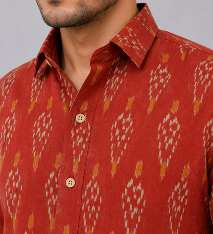 Men Rust Orange Printed Full Sleeve Casual Shirt