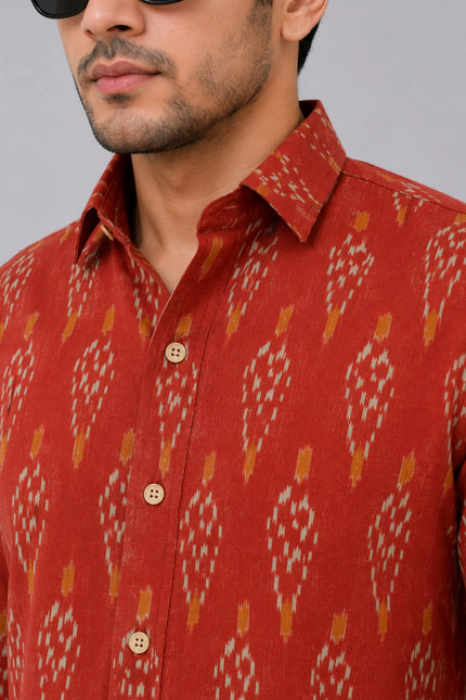 Men Rust Orange Printed Full Sleeve Casual Shirt