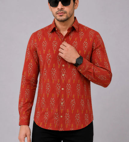 Men Rust Orange Printed Full Sleeve Casual Shirt