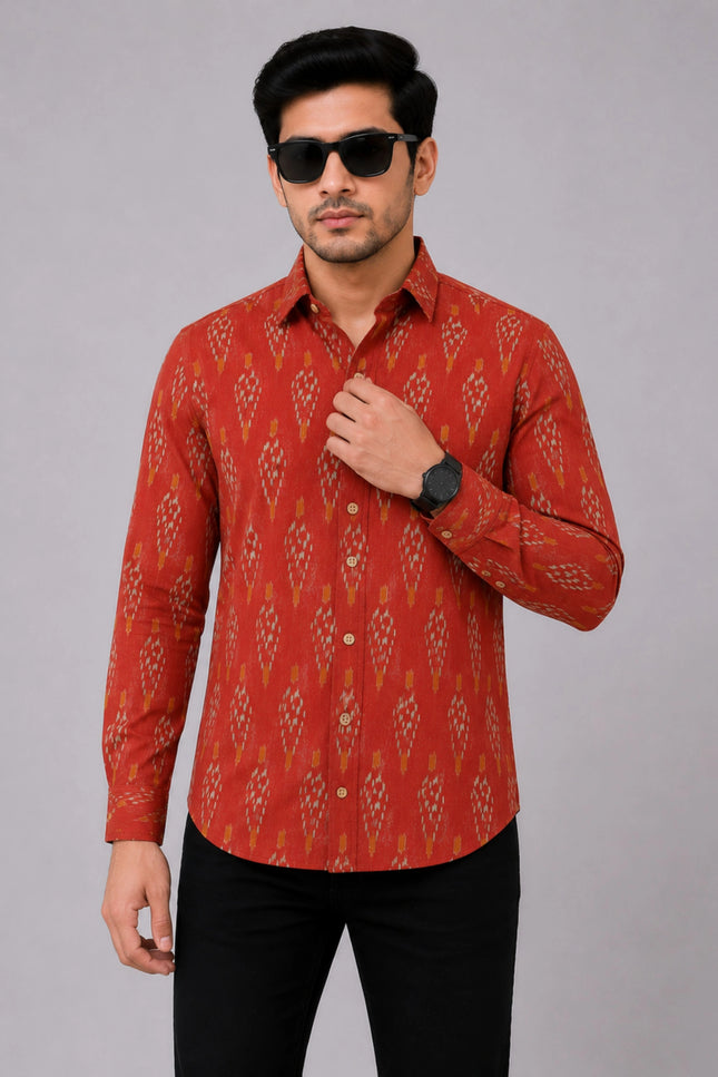 Men Rust Orange Printed Full Sleeve Casual Shirt