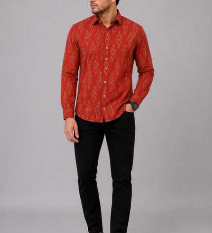 Men Rust Orange Printed Full Sleeve Casual Shirt