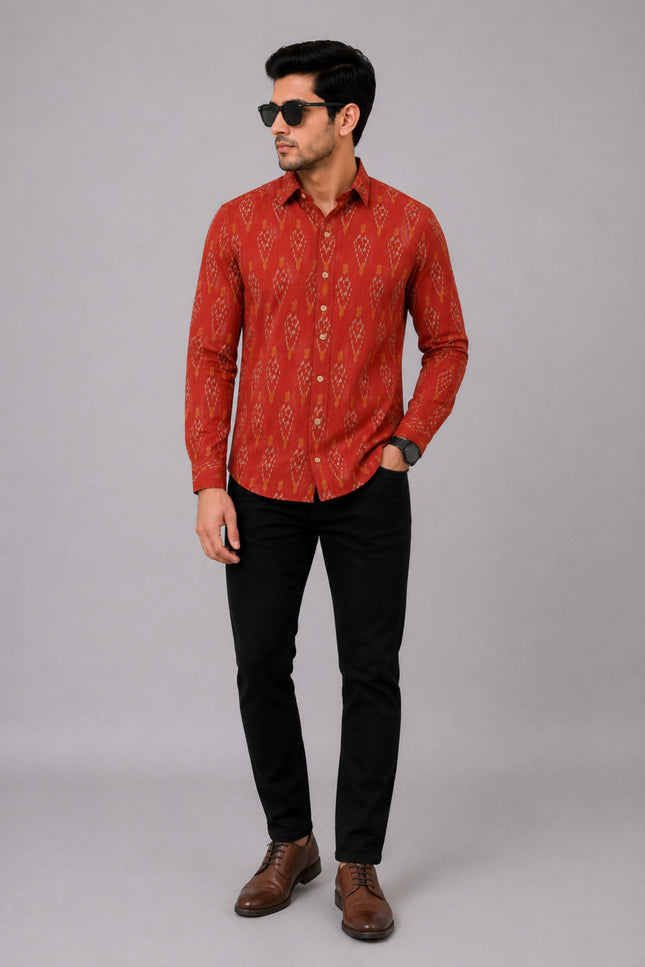 Men Rust Orange Printed Full Sleeve Casual Shirt