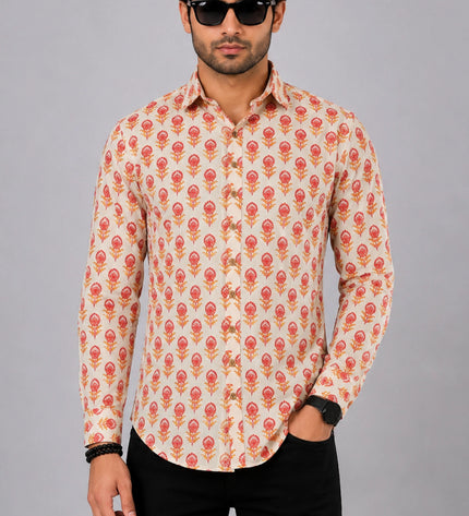 Men Orange Floral Printed Casual Shirt