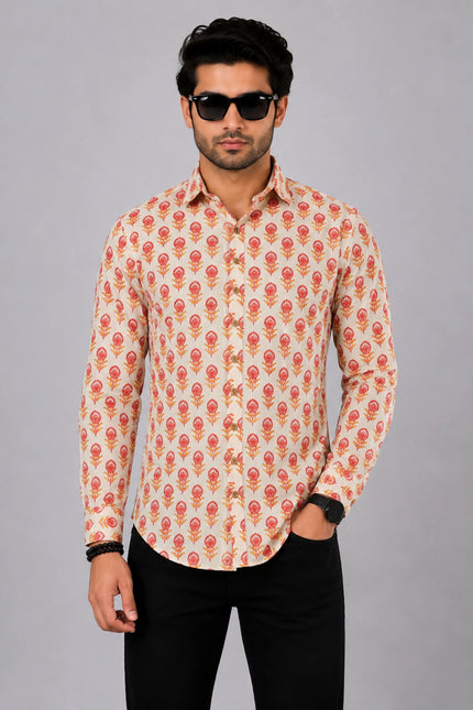 Men Orange Floral Printed Casual Shirt