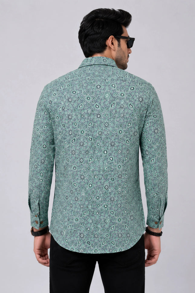Men's Sea Green Paisley Printed Casual Shirt with Full Sleeves