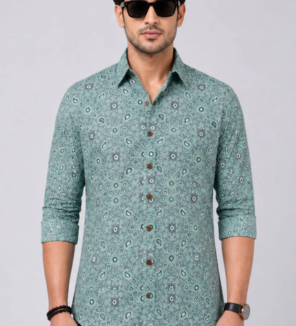 Men's Sea Green Paisley Printed Casual Shirt with Full Sleeves