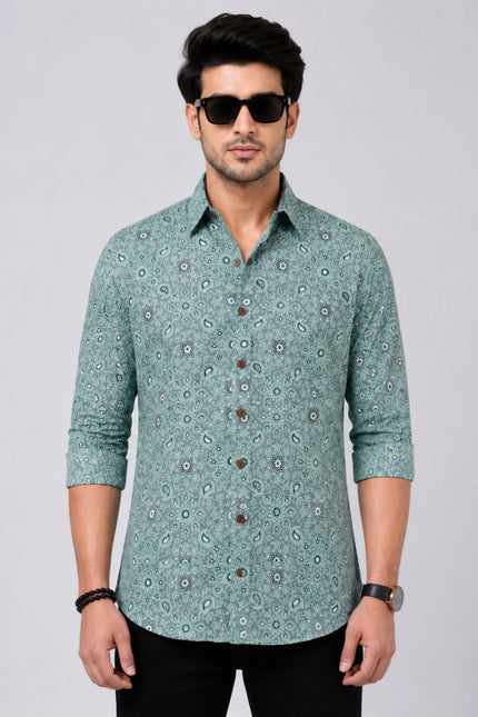 Men's Sea Green Paisley Printed Casual Shirt with Full Sleeves