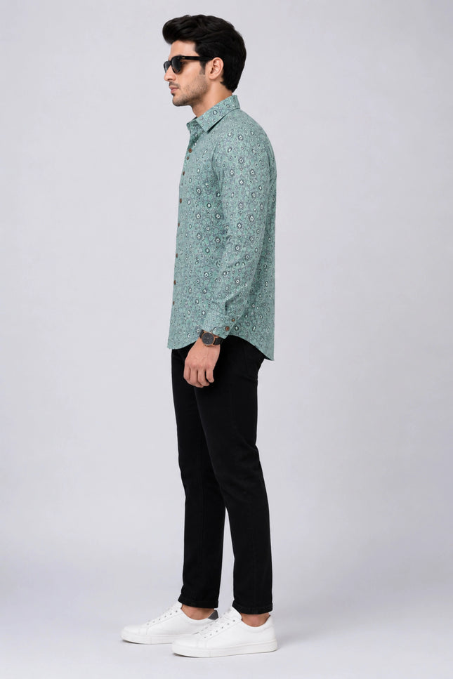 Men's Sea Green Paisley Printed Casual Shirt with Full Sleeves