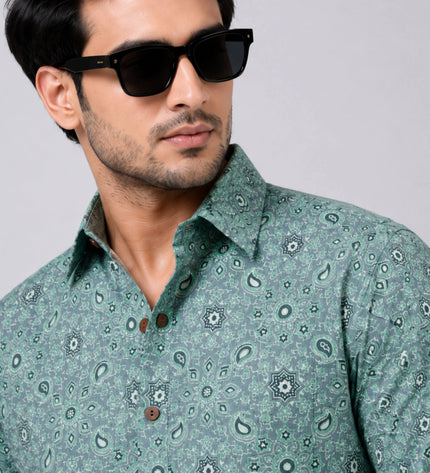 Men's Sea Green Paisley Printed Casual Shirt with Full Sleeves