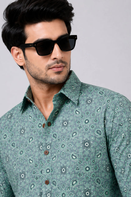 Men's Sea Green Paisley Printed Casual Shirt with Full Sleeves