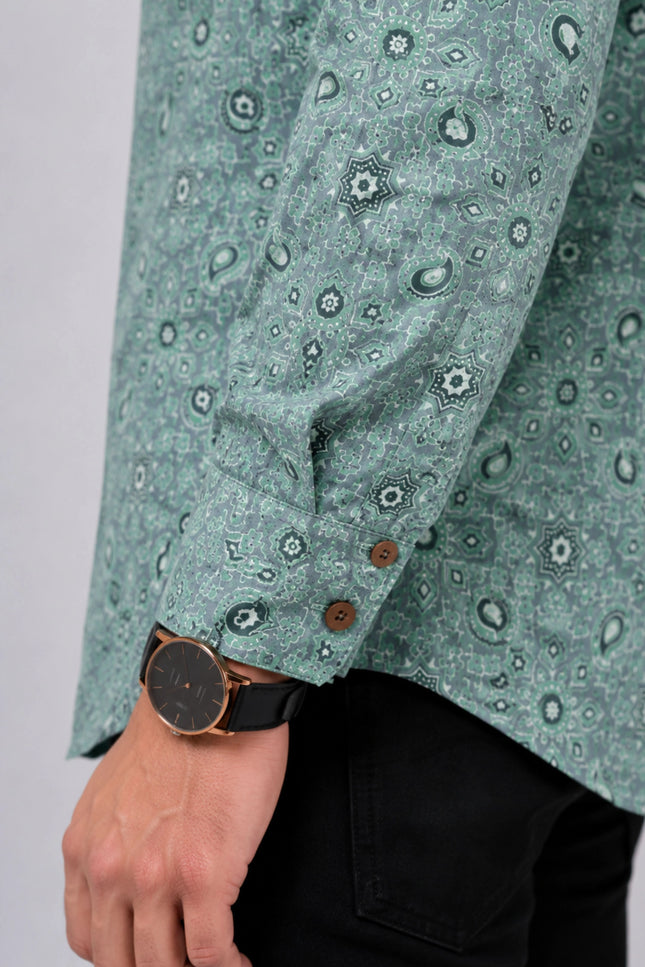 Men's Sea Green Paisley Printed Casual Shirt with Full Sleeves