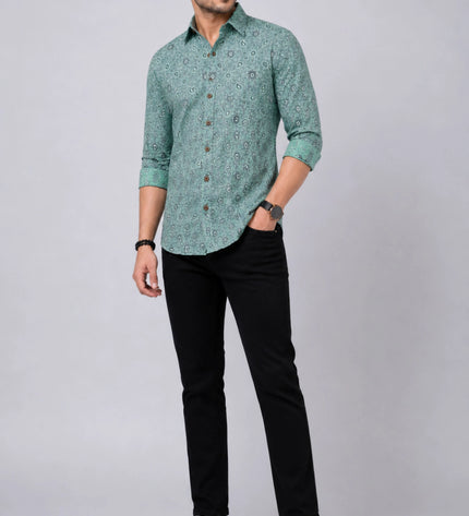 Men's Sea Green Paisley Printed Casual Shirt with Full Sleeves