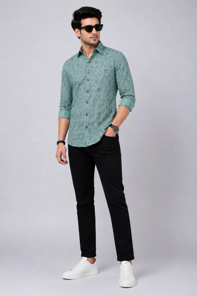 Men's Sea Green Paisley Printed Casual Shirt with Full Sleeves