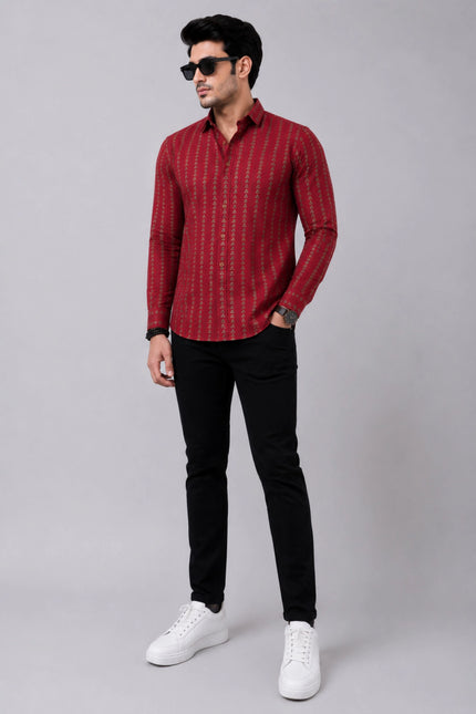 Men's Maroon Ethnic Printed Casual Shirt with Full Sleeves