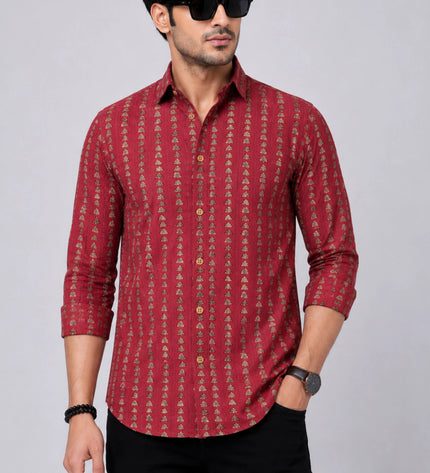 Men's Maroon Ethnic Printed Casual Shirt with Full Sleeves