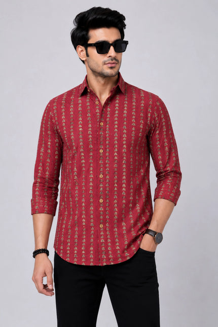 Men's Maroon Ethnic Printed Casual Shirt with Full Sleeves