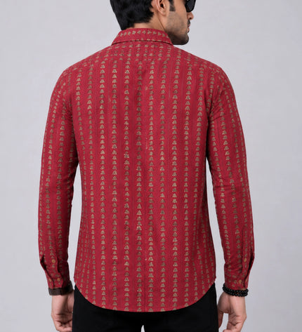 Men's Maroon Ethnic Printed Casual Shirt with Full Sleeves