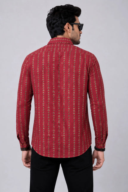 Men's Maroon Ethnic Printed Casual Shirt with Full Sleeves