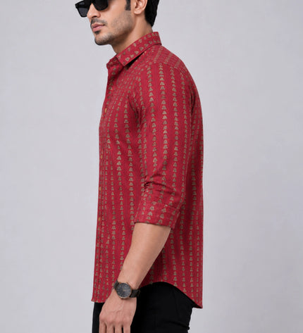 Men's Maroon Ethnic Printed Casual Shirt with Full Sleeves