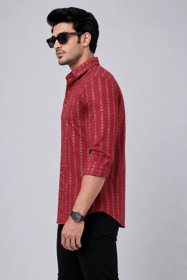 Men's Maroon Ethnic Printed Casual Shirt with Full Sleeves