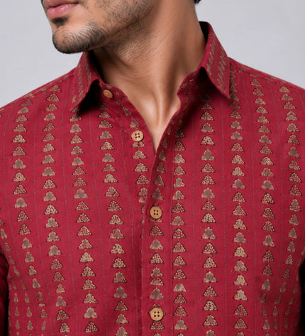 Men's Maroon Ethnic Printed Casual Shirt with Full Sleeves