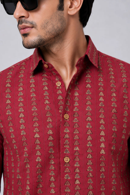 Men's Maroon Ethnic Printed Casual Shirt with Full Sleeves