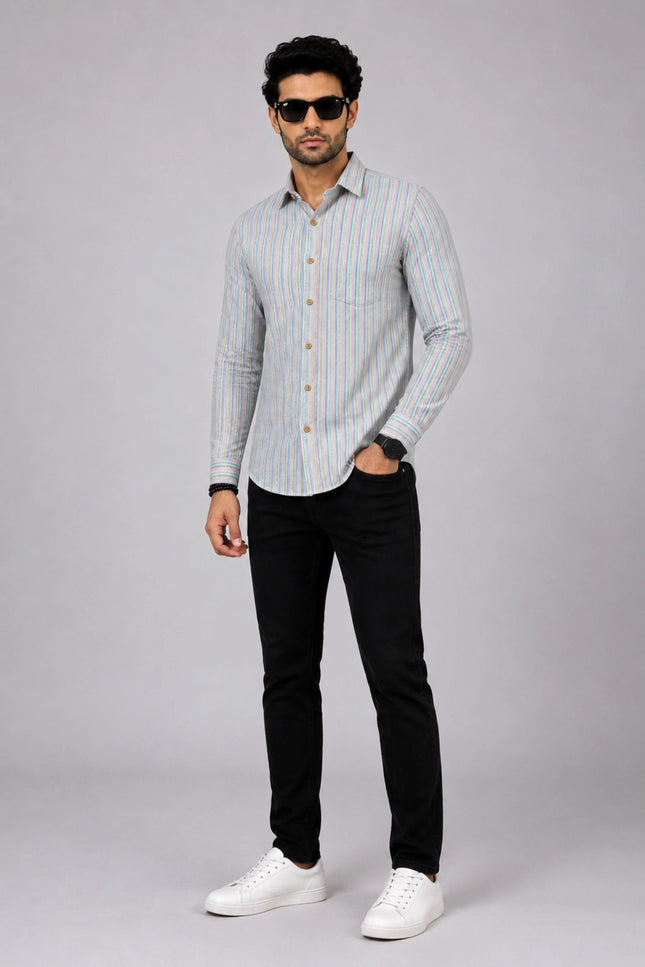 Men's Multicolor Vertical Striped Casual Shirt with Full Sleeves