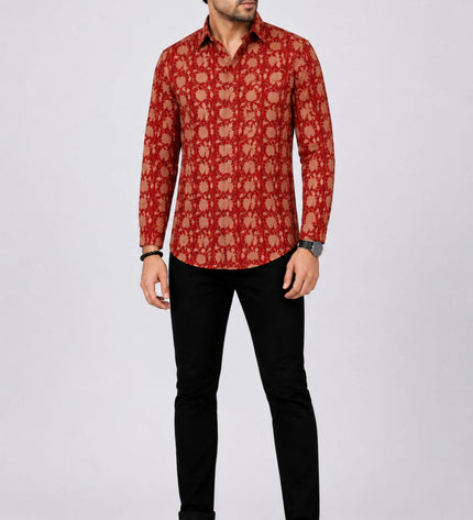 Men's Rust Red Ethnic Floral Printed Casual Shirt