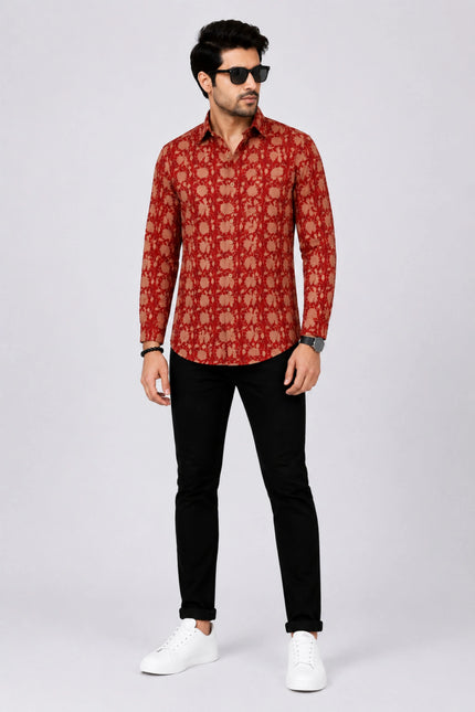 Men's Rust Red Ethnic Floral Printed Casual Shirt
