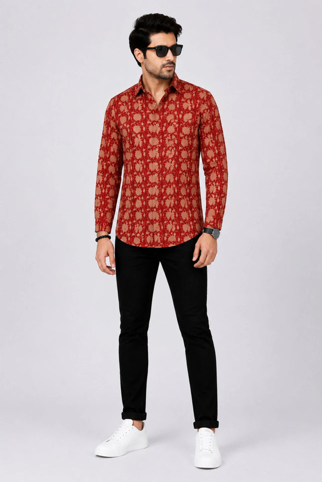 Men's Rust Red Ethnic Floral Printed Casual Shirt