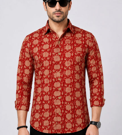 Men's Rust Red Ethnic Floral Printed Casual Shirt