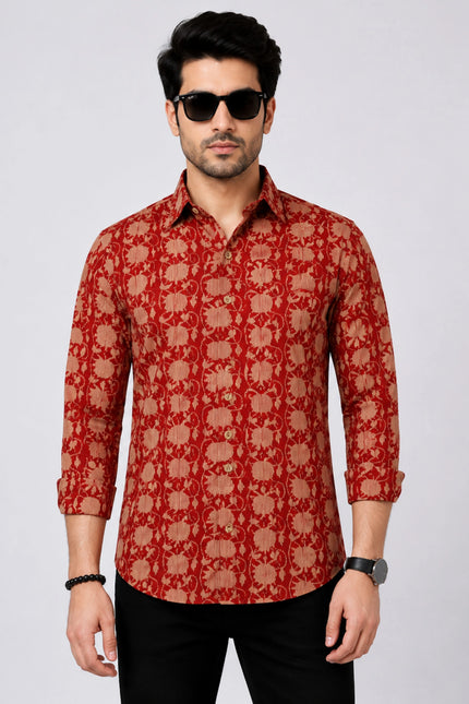 Men's Rust Red Ethnic Floral Printed Casual Shirt