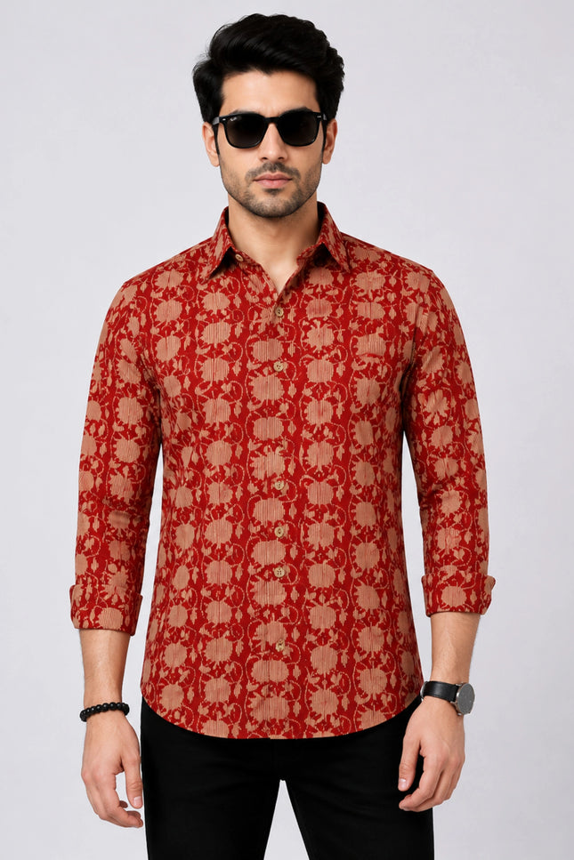 Men's Rust Red Ethnic Floral Printed Casual Shirt