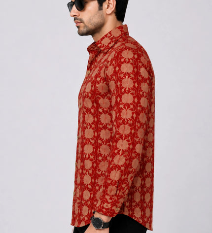 Men's Rust Red Ethnic Floral Printed Casual Shirt