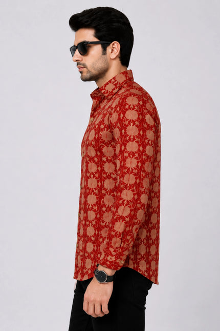 Men's Rust Red Ethnic Floral Printed Casual Shirt