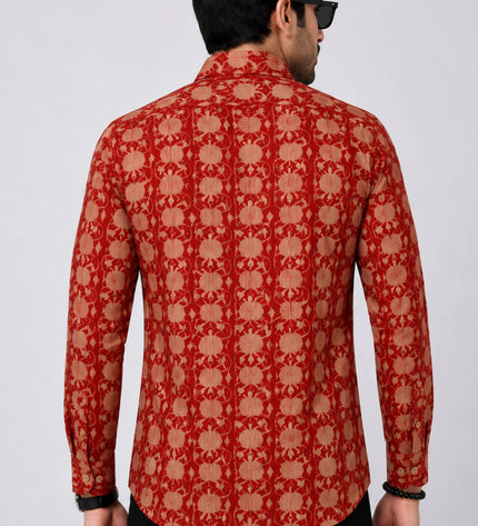 Men's Rust Red Ethnic Floral Printed Casual Shirt