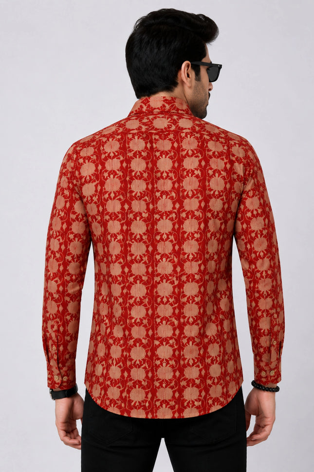 Men's Rust Red Ethnic Floral Printed Casual Shirt