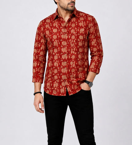 Men's Rust Red Ethnic Floral Printed Casual Shirt
