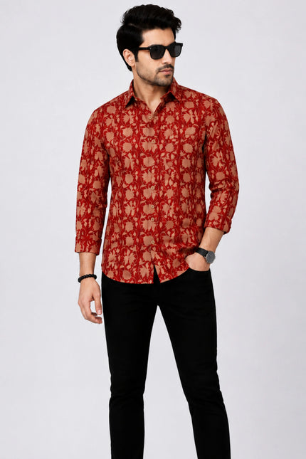 Men's Rust Red Ethnic Floral Printed Casual Shirt
