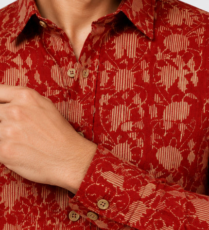 Men's Rust Red Ethnic Floral Printed Casual Shirt