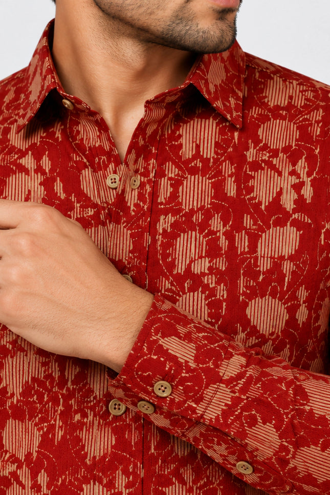 Men's Rust Red Ethnic Floral Printed Casual Shirt