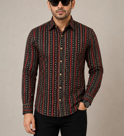 Men's Black & Maroon Ethnic Striped Printed Casual Shirt