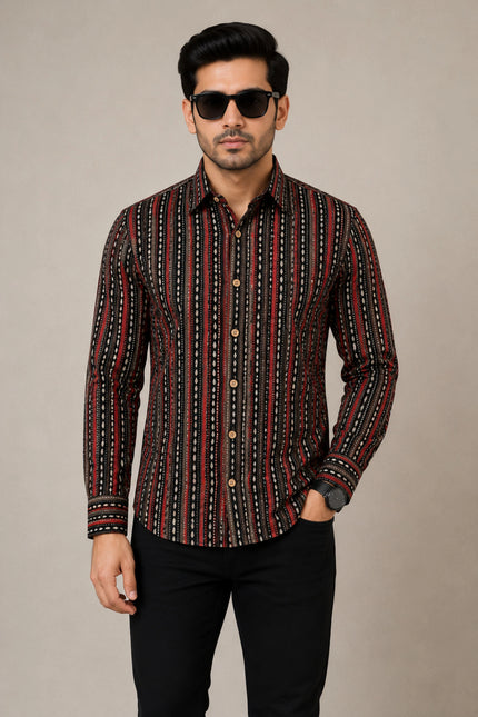 Men's Black & Maroon Ethnic Striped Printed Casual Shirt