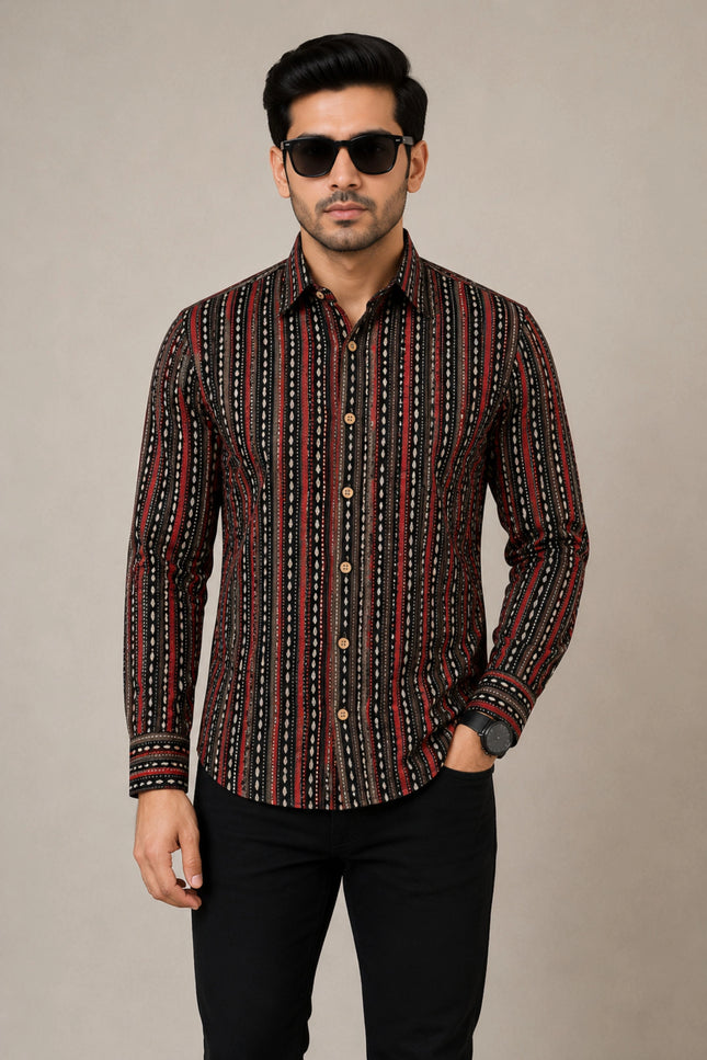 Men's Black & Maroon Ethnic Striped Printed Casual Shirt