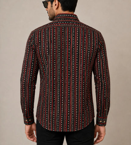 Men's Black & Maroon Ethnic Striped Printed Casual Shirt