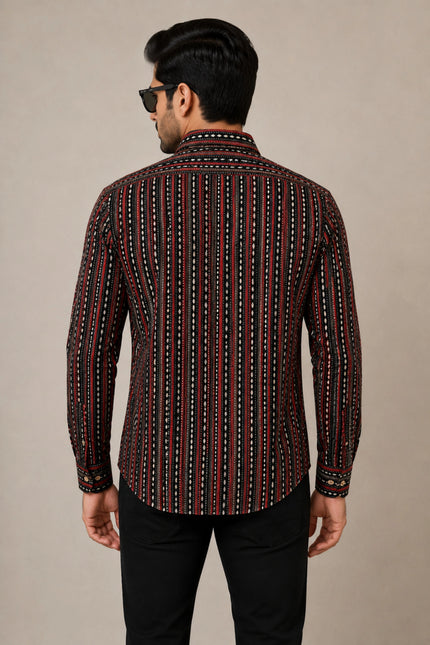 Men's Black & Maroon Ethnic Striped Printed Casual Shirt